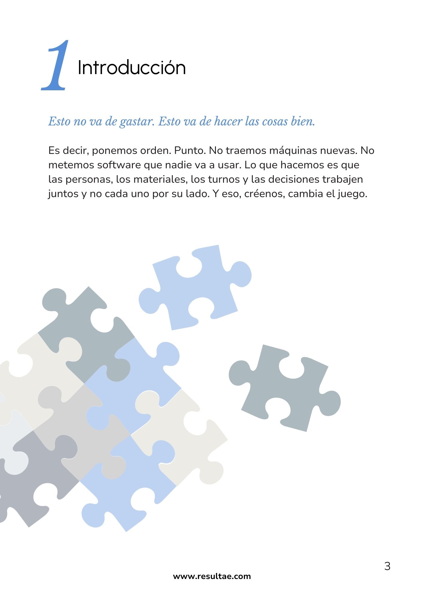 página de introducción del manifiesto de sentido común industrial de Resultae con mensaje sobre eficiencia y trabajo en equipo