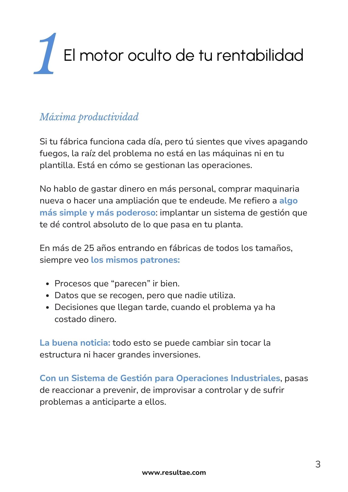 página del ebook de Resultae explicando cómo gestionar operaciones industriales para mejorar la rentabilidad sin grandes inversiones