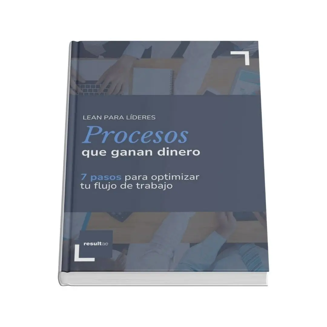 Imagen en 3D del ebook de Resultae con los 7 pasos para optimizar tu flujo de trabajo y generar procesos industriales rentables