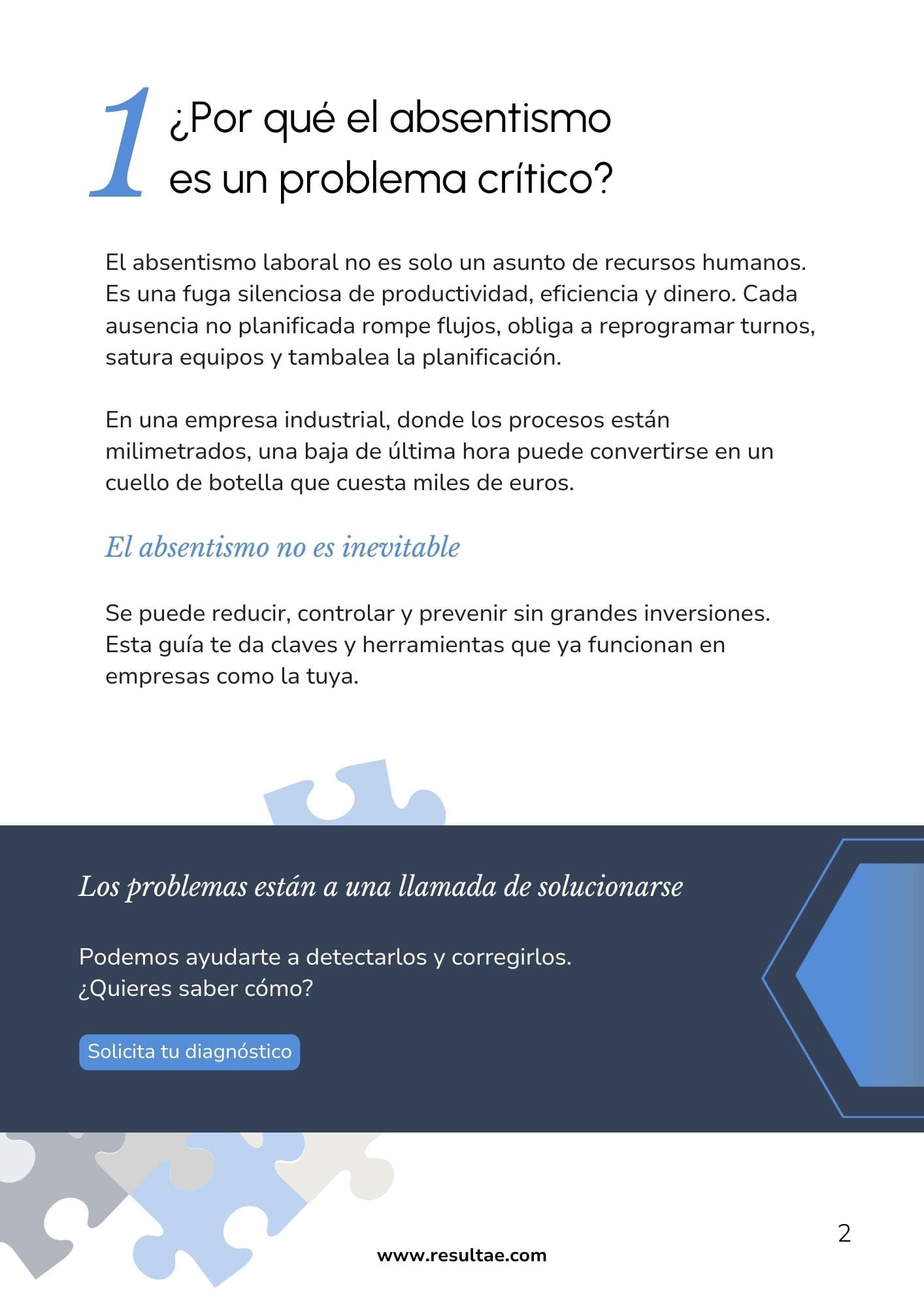 página de la guía de Resultae explicando el impacto del absentismo industrial en la productividad